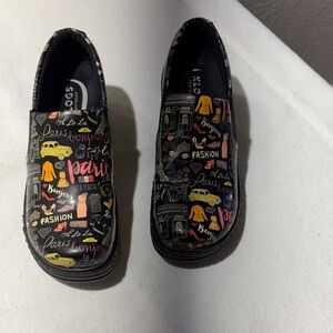 Klogs Kids Black Paris Print Slip-Ons with Yellow and Pink Accents